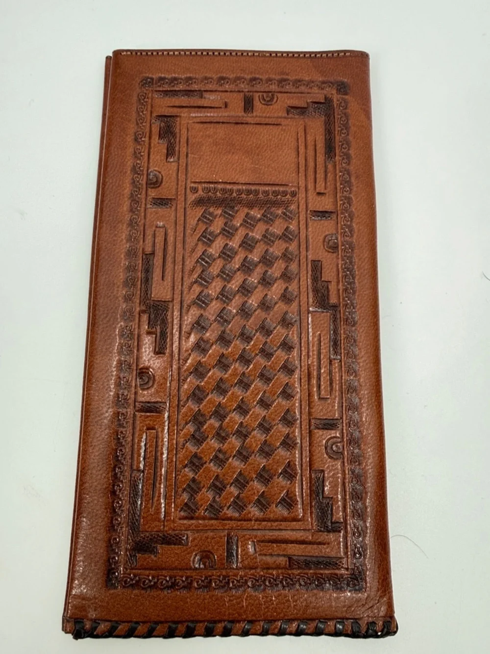 Wallet Vintage CASA ARVE Mexico Tooled Leather Wallet, Aztec Calendar Design